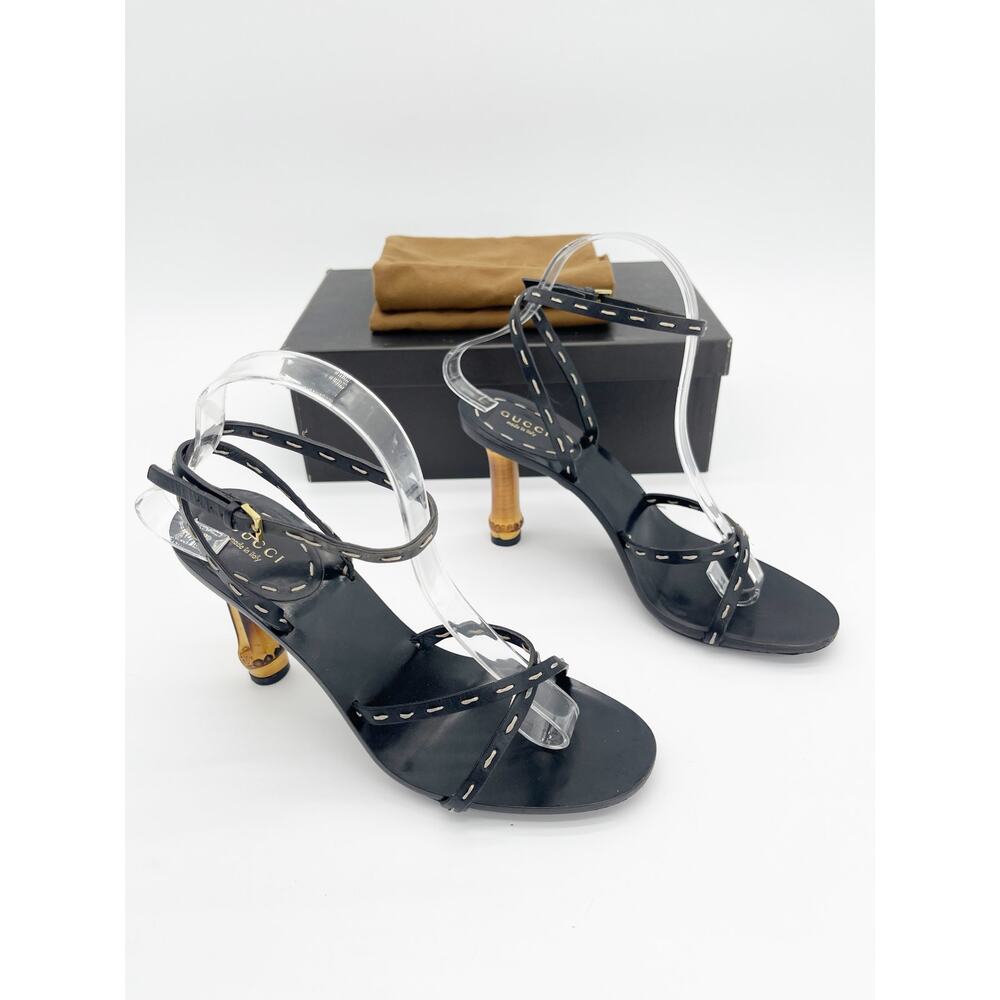 Gucci S/S 2002 Tom Ford Black Bamboo Heel Lace Up Wrap Sandal Heels US 7.5 - Picture 2 of 16